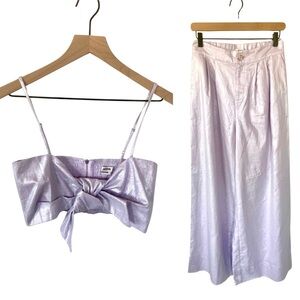 S 🔖 JASON WU Linen Blend Lavender Purple Wide Leg Pant Bow Crop Top Set $425